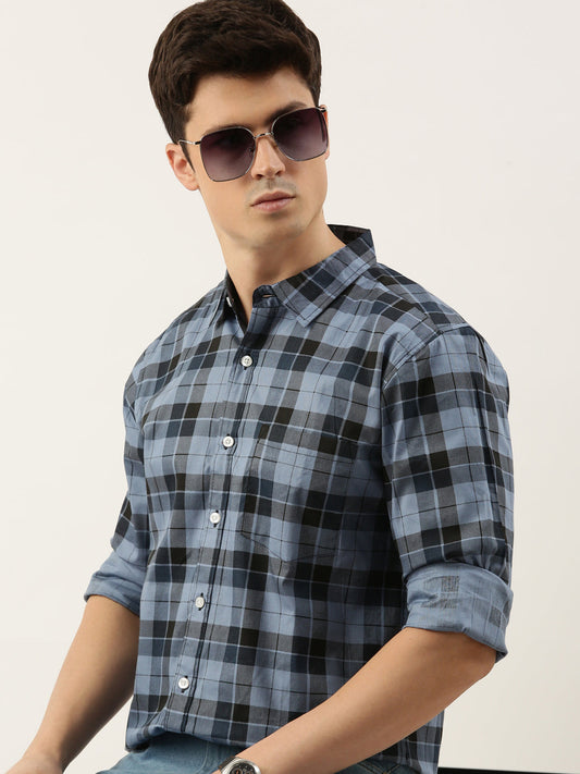 Men Blue Checked Pure Cotton Full Sleeve Casual Shirt