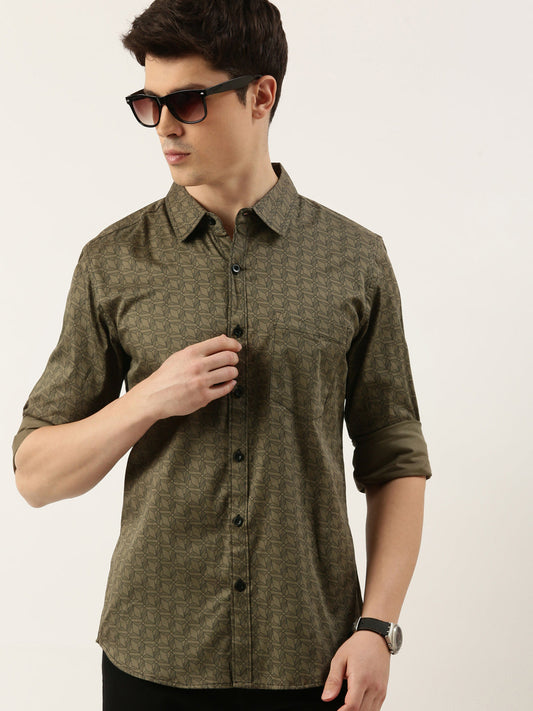 Men Olive Green Printed Pure Cotton Full Sleeve Casual Shirt