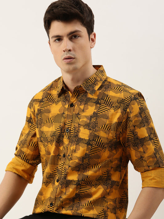 Men Yellow Printed Pure Cotton Full Sleeve Casual Shirt