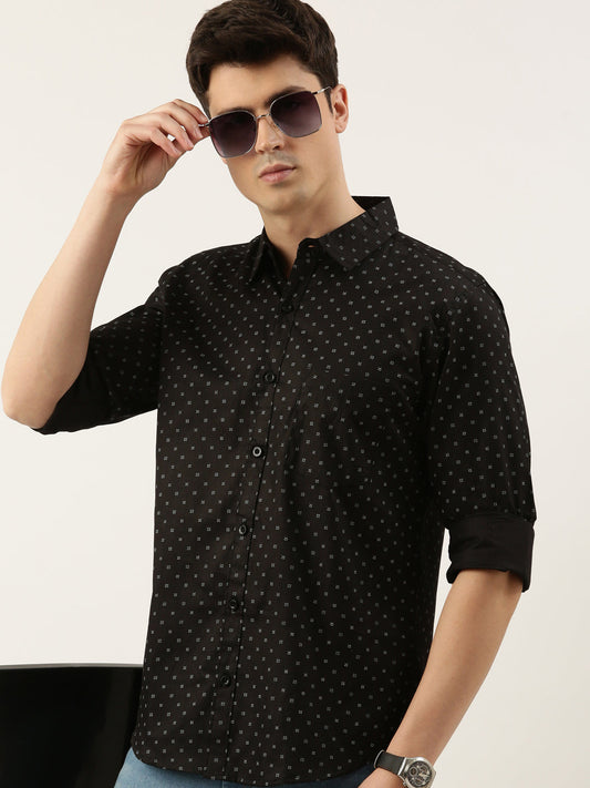 Men Black Printed Pure Cotton Full Sleeve Casual Shirt