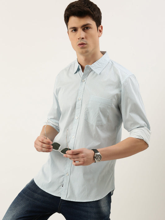 Men Light Blue Striped Pure Cotton Full Sleeve Casual Shirt