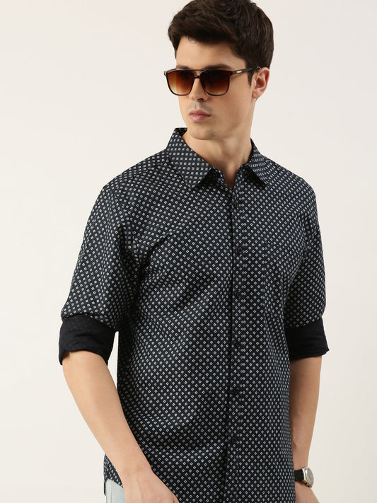 Men Navy Blue Printed Pure Cotton Full Sleeve Casual Shirt