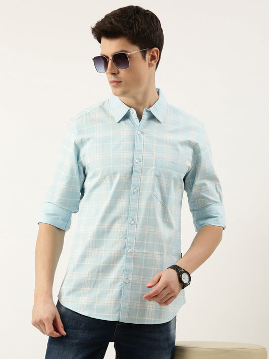 Men Light Blue Checked Pure Cotton Full Sleeve Casual Shirt