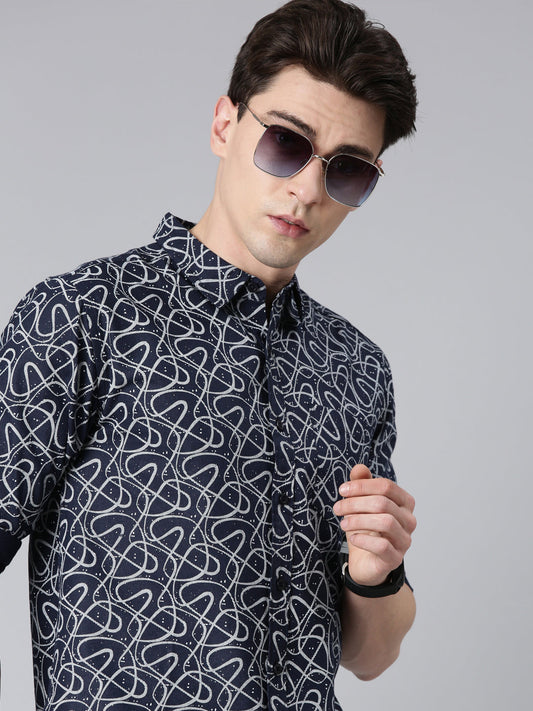 Navy printed Pure Cotton Full Sleeve Shirt