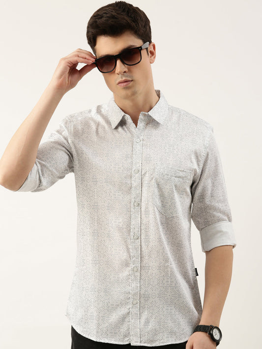 Men White Printed Pure Cotton Full Sleeve Casual Shirt