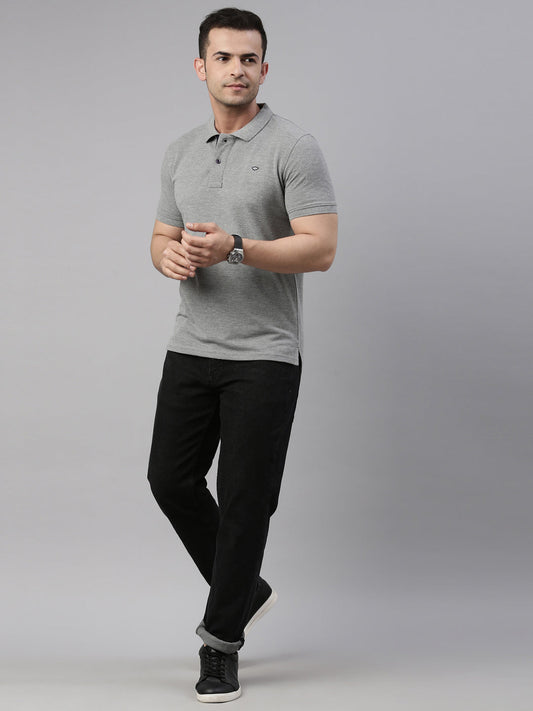 Men Grey Melange Solid Polo Collar T-shirt