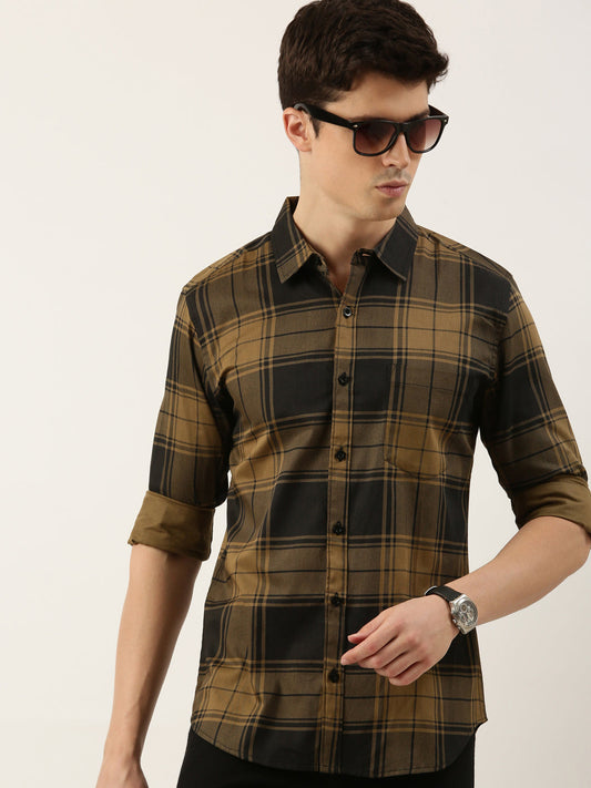 Men Mustard and Black Checked Pure Cotton Full Sleeve Casual Shirt