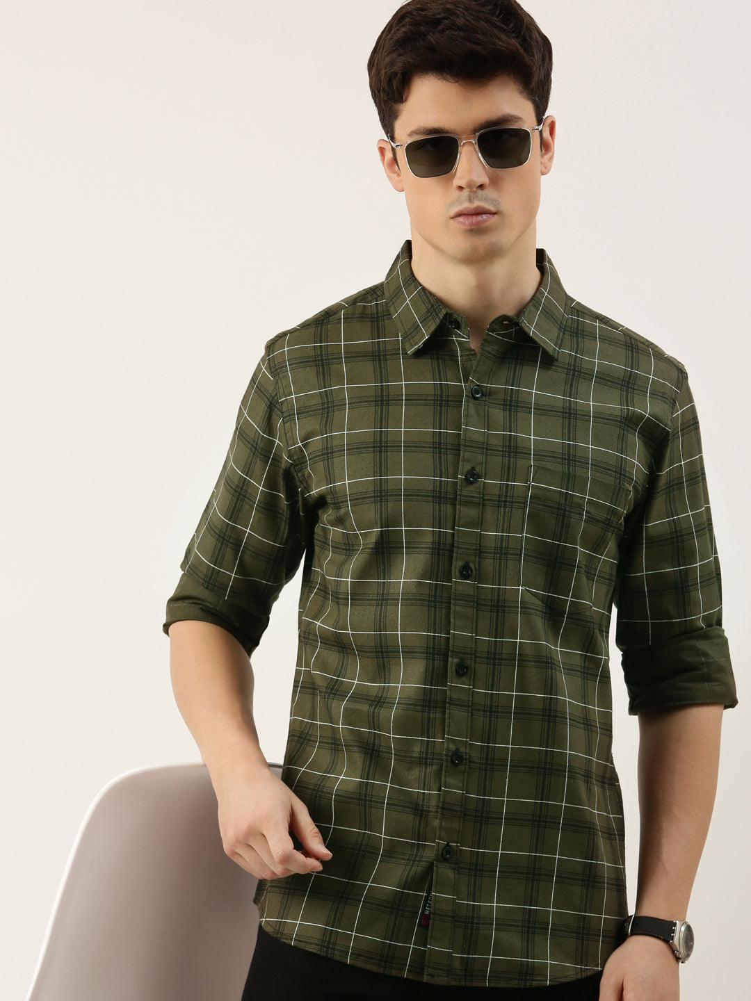 Men Olive Green Checked Pure Cotton Full Sleeve Casual Shirt