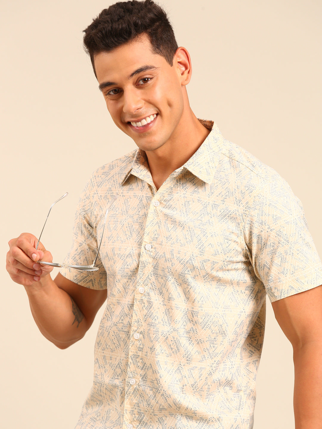 JOVEN Men Beige Printed Casual Lycra Shirt ( No Returns )