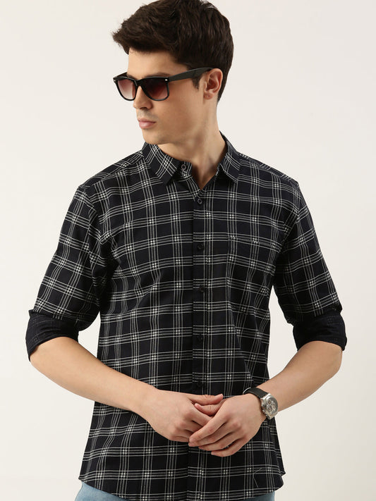 Men Navy Blue Checked Pure Cotton Full Sleeve Casual Shirt