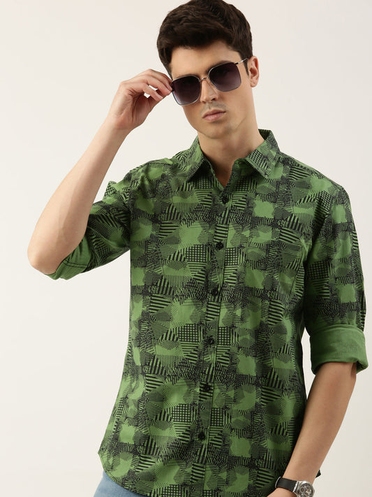 Men Green Printed Pure Cotton Full Sleeve Casual Shirt