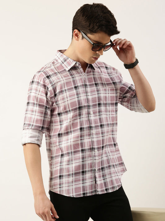 Men Dusty Pink Checked Pure Cotton Full Sleeve Casual Shirt