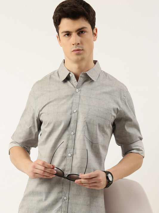 Men Grey Printed Pure Cotton Full Sleeve Casual Shirt