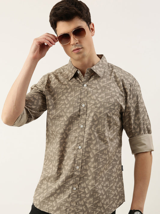 Men Beige Printed Pure Cotton Full Sleeve Casual Shirt