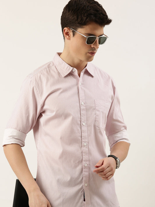 Men Pink Striped Pure Cotton Full Sleeve Casual Shirt