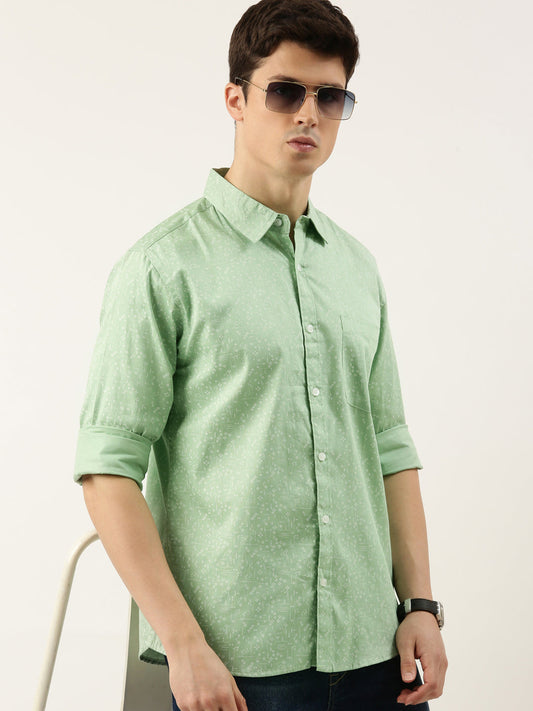 Men Light Green Printed Pure Cotton Full Sleeve Casual Shirt