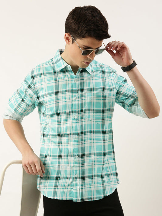Men Teal Green Checked Pure Cotton Full Sleeve Casual Shirt