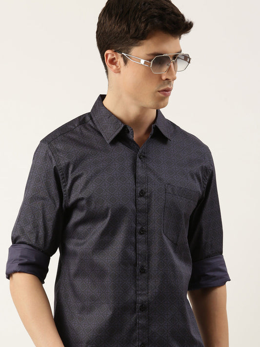 Men Navy Blue Printed Pure Cotton Full Sleeve Casual Shirt