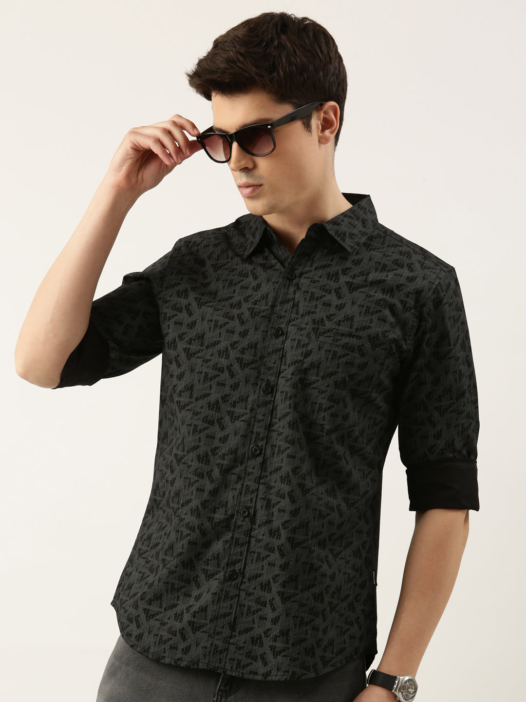 Men Black Printed Pure Cotton Full Sleeve Casual Shirt