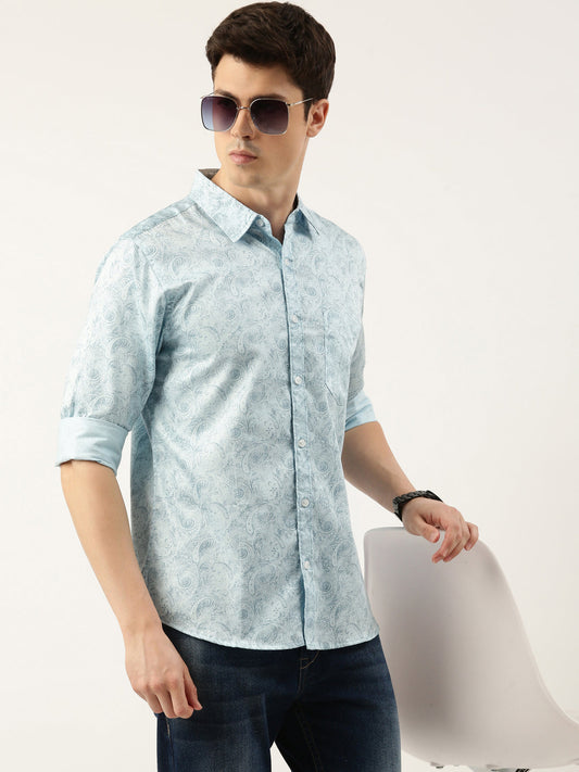 Men Light Blue Printed Pure Cotton Full Sleeve Casual Shirt