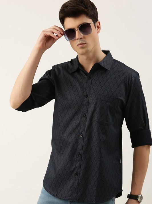 Men Navy Blue Printed Pure Cotton Full Sleeve Casual Shirt