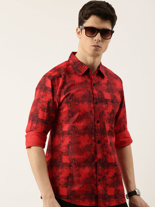Men Red Printed Pure Cotton Full Sleeve Casual Shirt