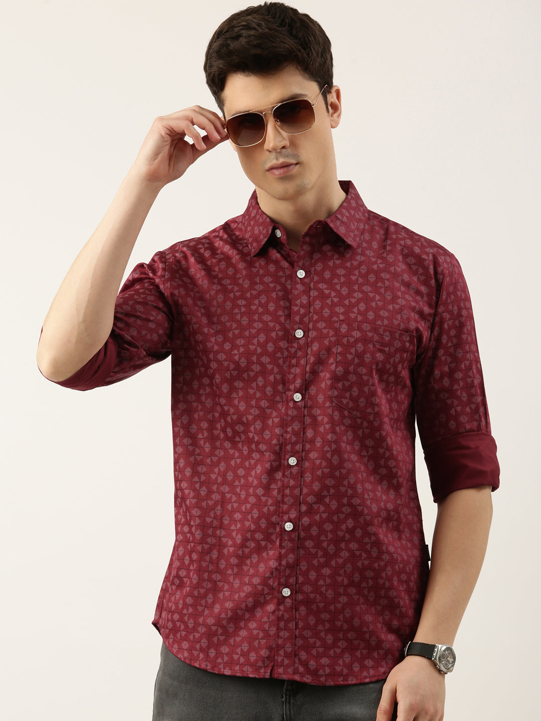Men Maroon Printed Pure Cotton Full Sleeve Casual Shirt