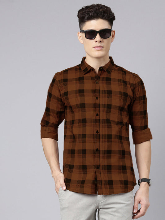 Men Brown And Black Checkered Pure Cotton Full Sleeve Casual Shirt