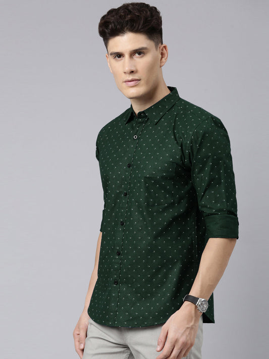 Men Dark Green Printed Pure Cotton Full Sleeve Casual Shirt