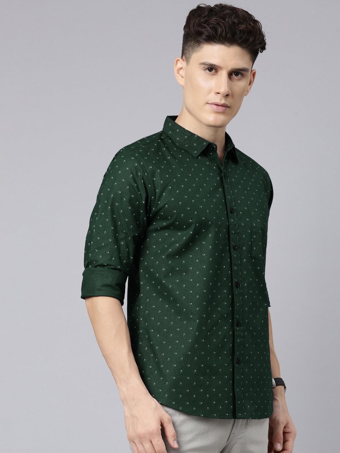Men Dark Green Printed Pure Cotton Full Sleeve Casual Shirt