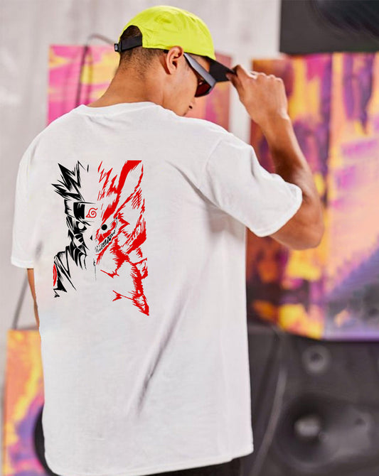 Broon Men White Printed Oversize Round Neck T-Shirt