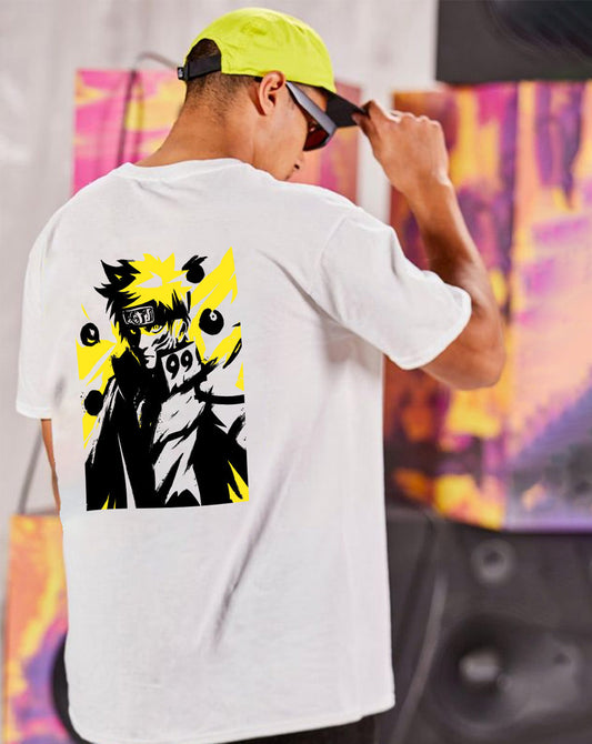 Broon Men White Printed Oversize Round Neck T-Shirt