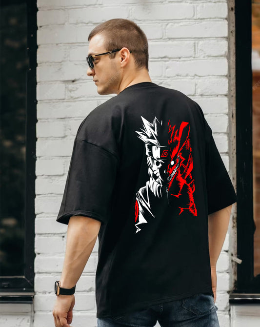 Broon Men Black Printed Oversize Round Neck T-Shirt