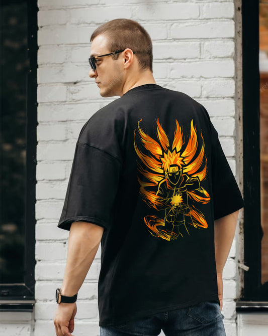 Broon Men Black Printed Oversize Round Neck T-Shirt