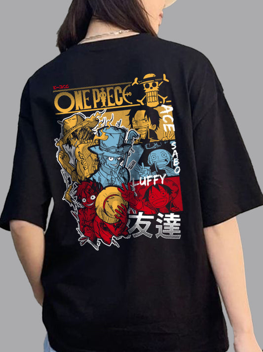 Broon Women Printed Oversize Round Neck Black T-Shirt