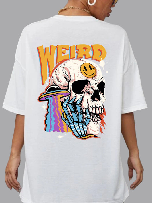 Broon Women Printed Oversize Round Neck White T-Shirt