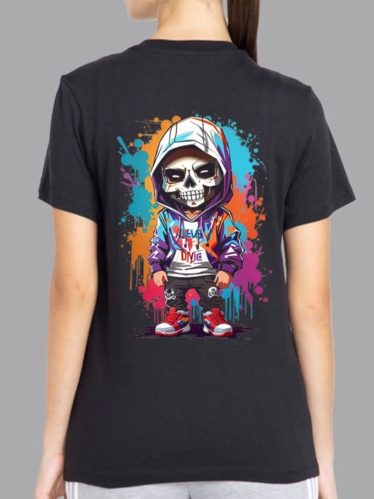 Broon Women Printed Round Neck Black T-Shirt