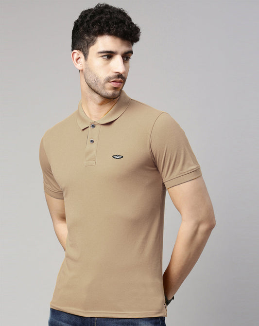 Men Beige Solid Polo Collar T-shirt