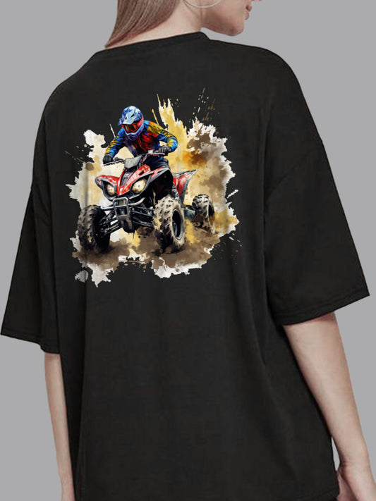 Broon Women Printed Oversize Round Neck Black T-Shirt