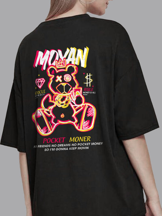 Broon Women Printed Oversize Round Neck Black T-Shirt