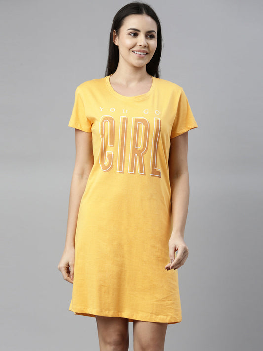 CURARE Women Printed Round Neck Yellow LongTees