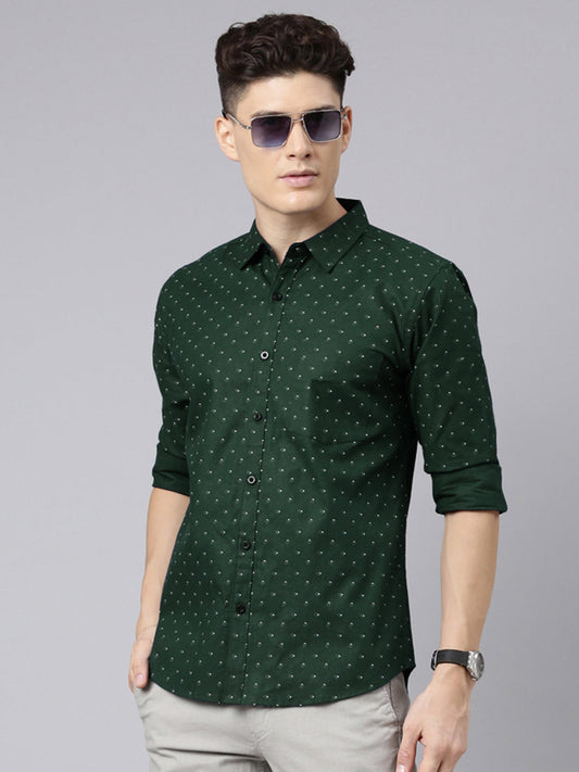 Men Dark Green Printed Pure Cotton Full Sleeve Casual Shirt