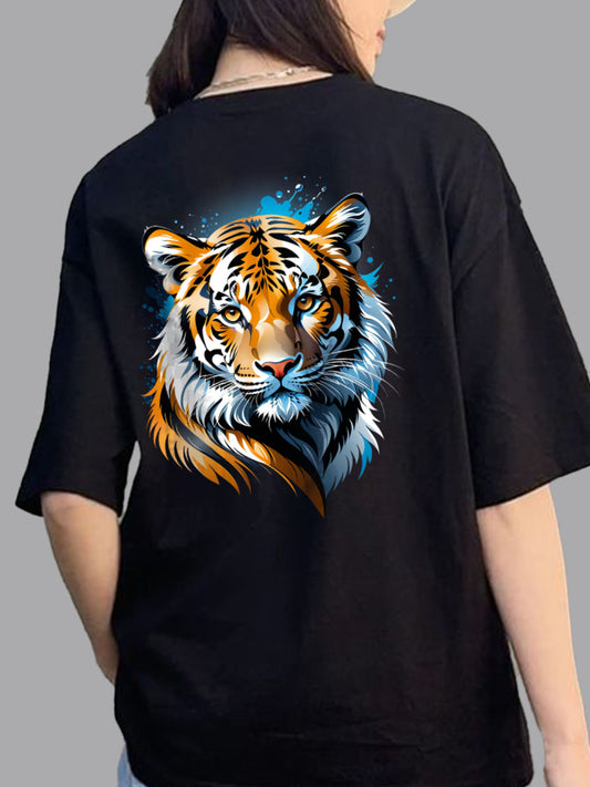 Broon Women Printed Oversize Round Neck Black T-Shirt