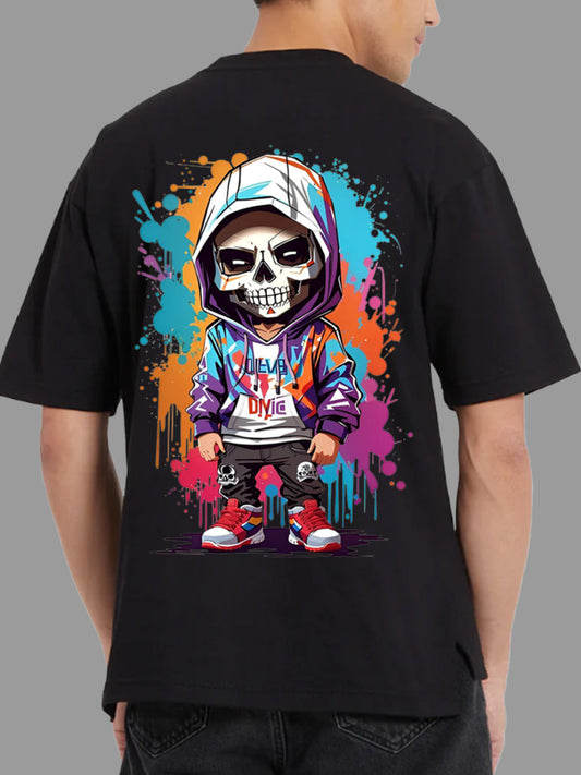 Broon Men Black Printed Oversize Round Neck T-Shirt