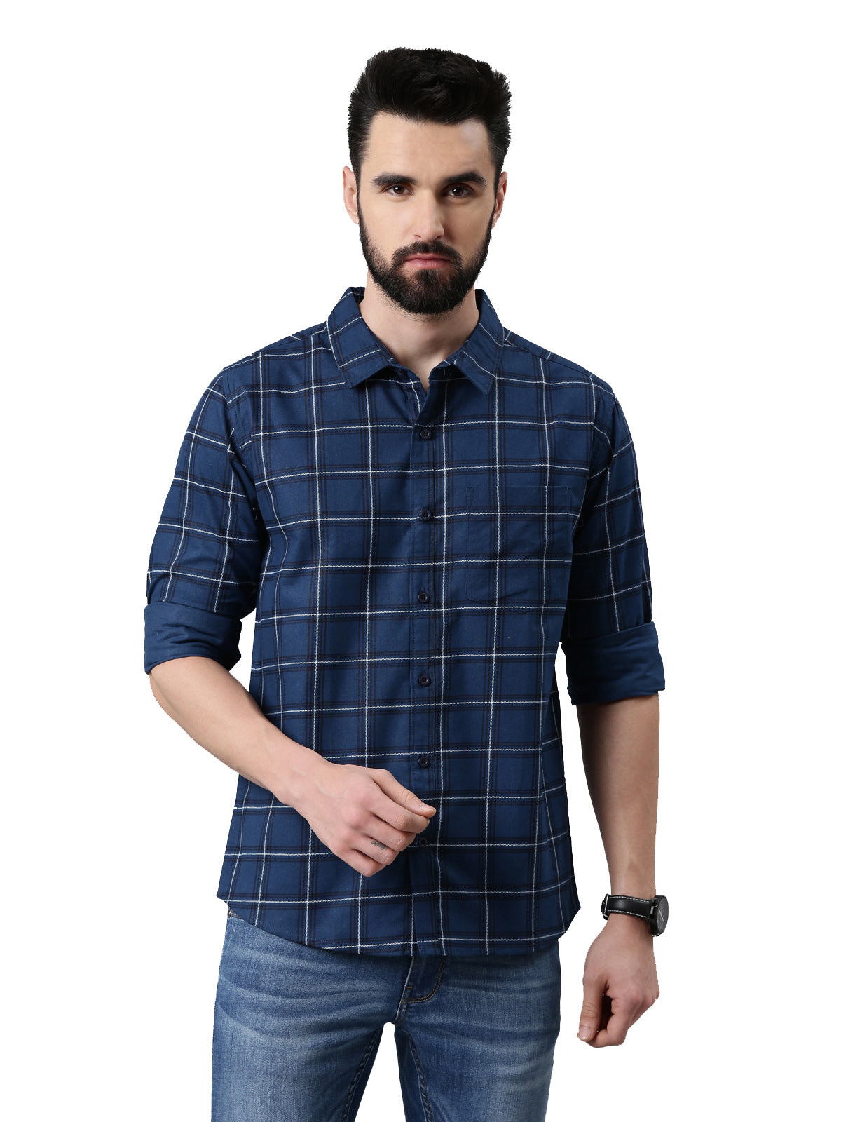 Navy Blue Checked Pure Cotton Casual Full Sleeve Shirt