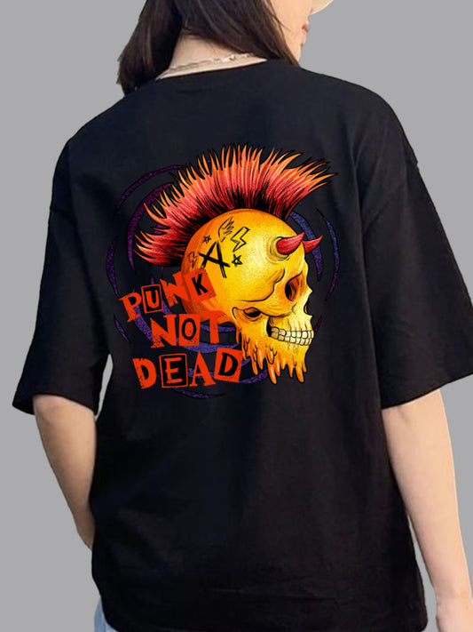 Broon Women Printed Oversize Round Neck Black T-Shirt