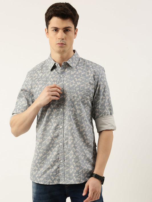 Men Light Blue Printed Pure Cotton Full Sleeve Casual Shirt