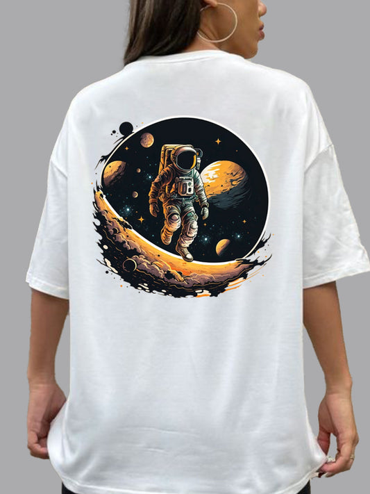 Broon Women Printed Oversize Round Neck White T-Shirt