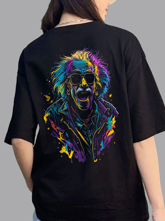 Broon Women Printed Oversize Round Neck Black T-Shirt