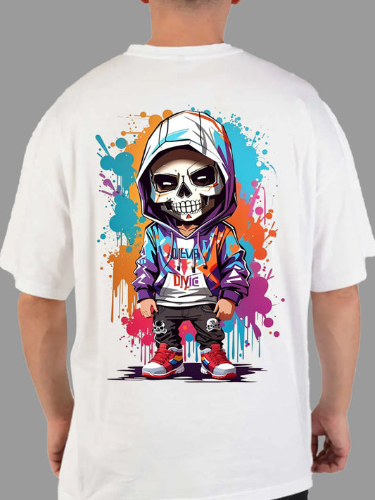 Broon Men White Printed Oversize Round Neck T-Shirt